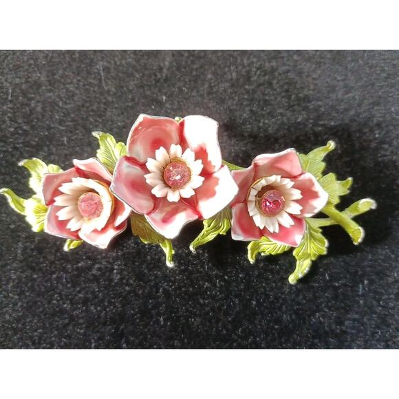 Vintage SELINI Enamel Pink & Rhinestone Flower Trio & Leaves Green Pin Brooch - Picture 1 of 8